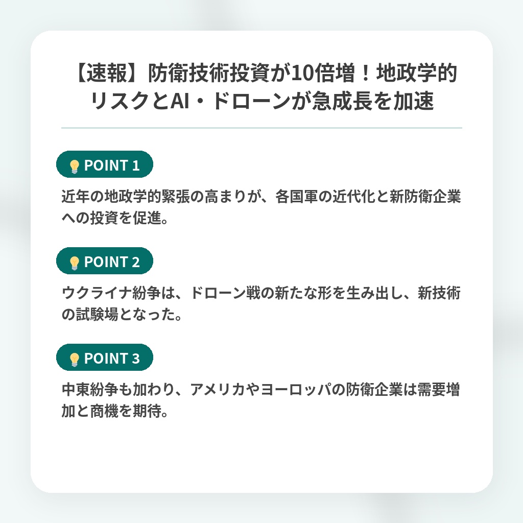 【速報】防衛技術投資が10倍増！地政学的リスクとAI・ドローンが急成長を加速の注目ポイントまとめ