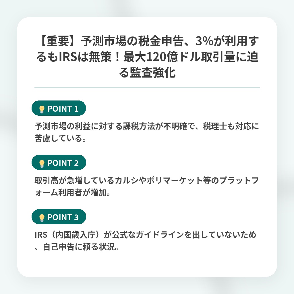 【重要】予測市場の税金申告、3%が利用するもIRSは無策!最大120億ドル取引量に迫る監査強化の注目ポイントまとめ