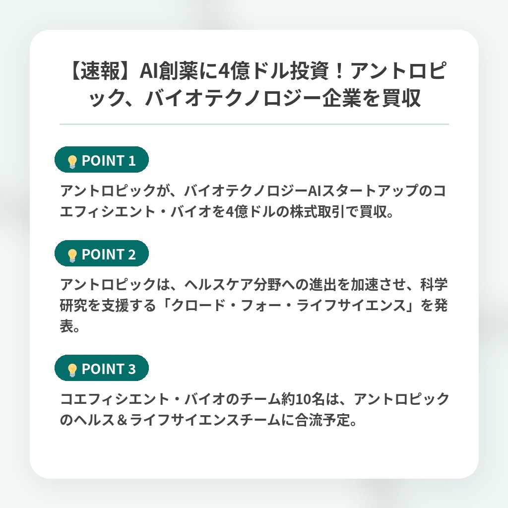 【速報】AI創薬に4億ドル投資！アントロピック、バイオテクノロジー企業を買収の注目ポイントまとめ