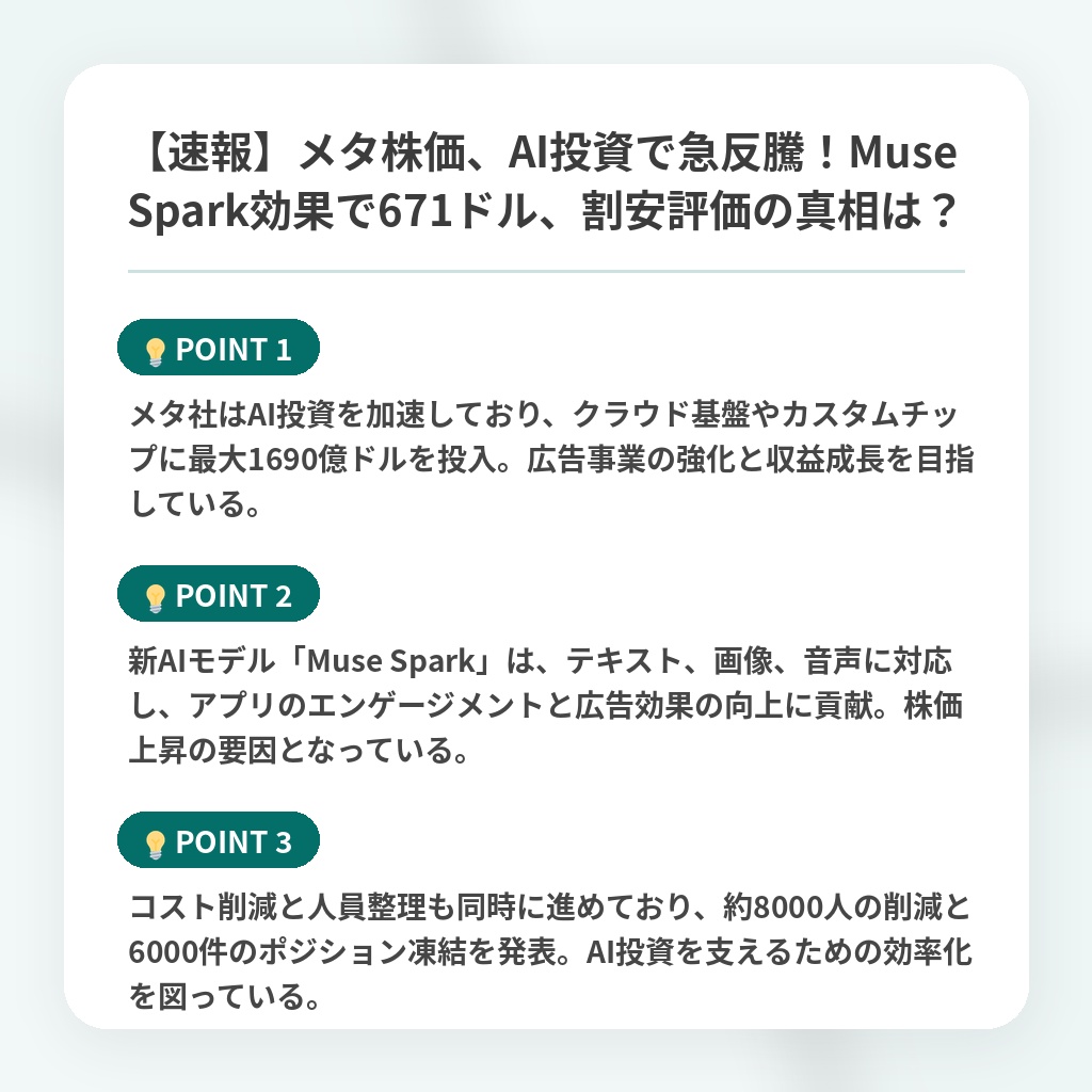 【速報】メタ株価、AI投資で急反騰！Muse Spark効果で671ドル、割安評価の真相は？の注目ポイントまとめ