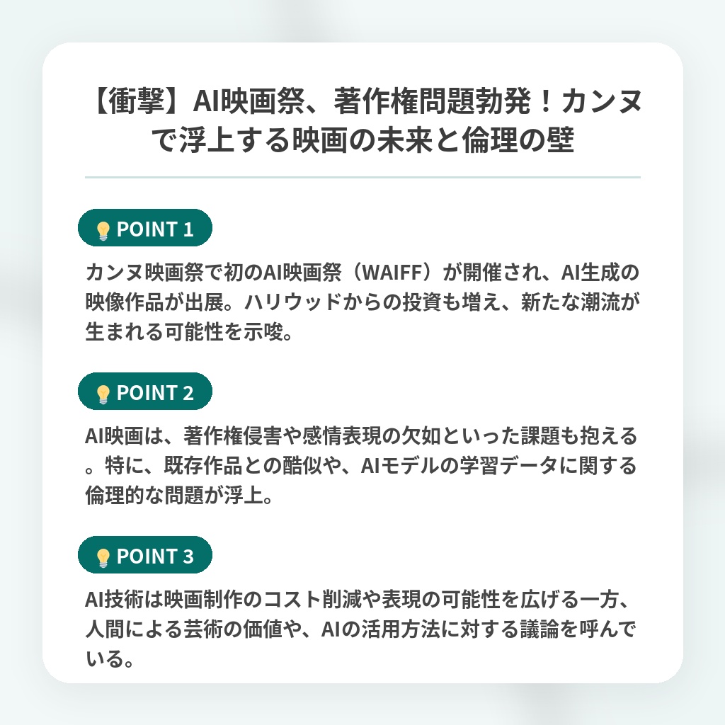 【衝撃】AI映画祭、著作権問題勃発！カンヌで浮上する映画の未来と倫理の壁の注目ポイントまとめ