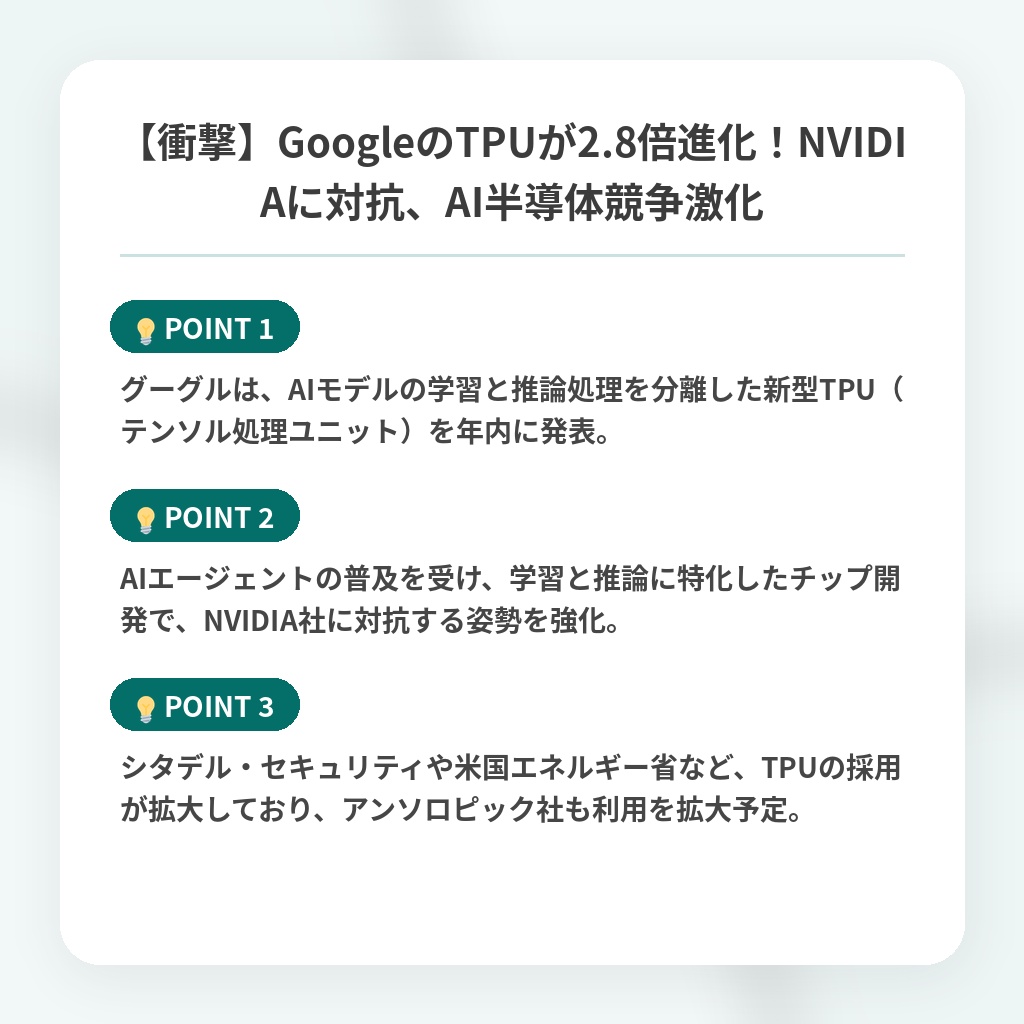 【衝撃】GoogleのTPUが2.8倍進化！NVIDIAに対抗、AI半導体競争激化の注目ポイントまとめ
