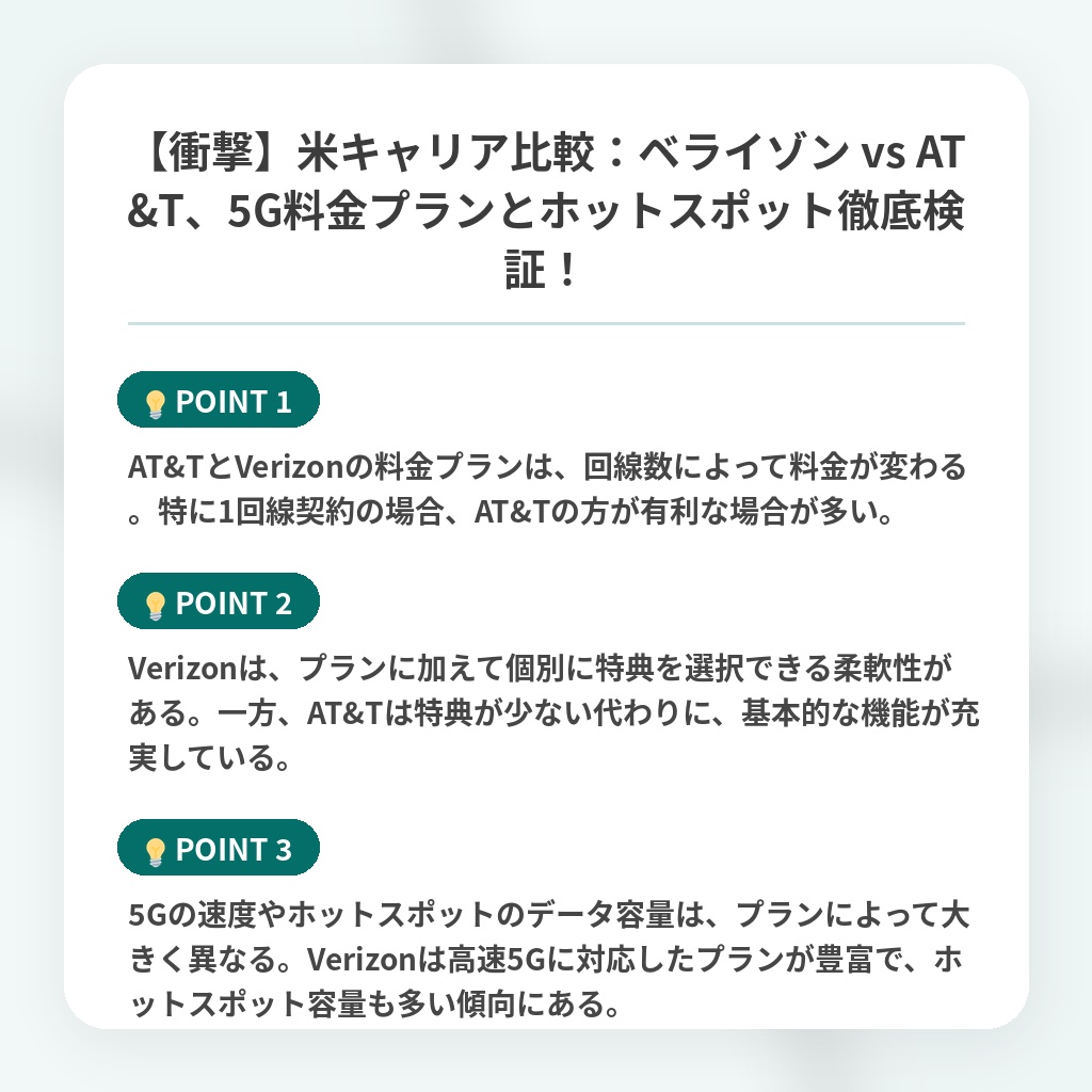 【衝撃】米キャリア比較：ベライゾン vs AT&T、5G料金プランとホットスポット徹底検証！の注目ポイントまとめ