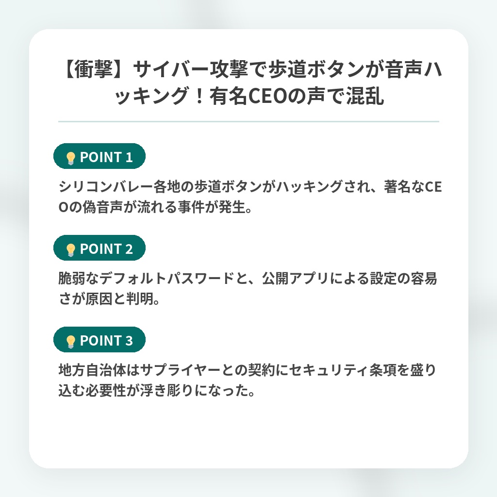 【衝撃】サイバー攻撃で歩道ボタンが音声ハッキング！有名CEOの声で混乱の注目ポイントまとめ