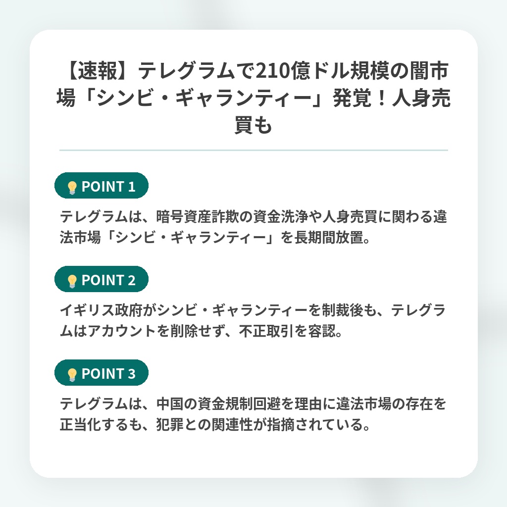 【速報】テレグラムで210億ドル規模の闇市場「シンビ・ギャランティー」発覚!人身売買もの注目ポイントまとめ