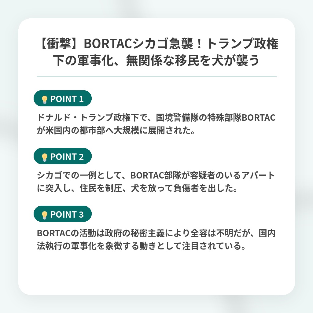 【衝撃】BORTACシカゴ急襲！トランプ政権下の軍事化、無関係な移民を犬が襲うの注目ポイントまとめ