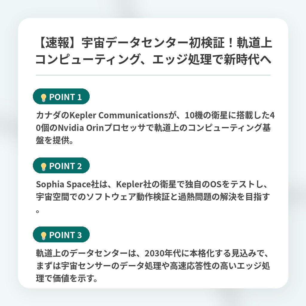 【速報】宇宙データセンター初検証！軌道上コンピューティング、エッジ処理で新時代への注目ポイントまとめ