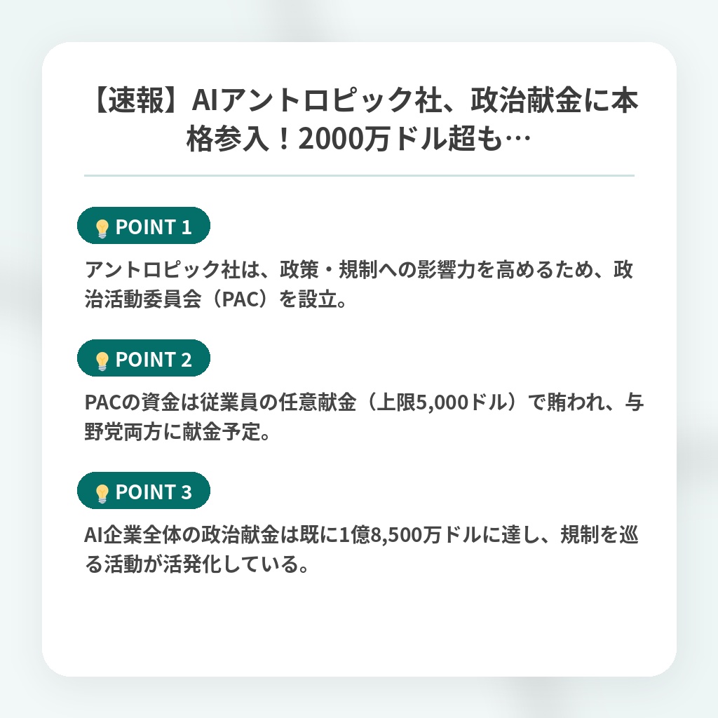 【速報】AIアントロピック社、政治献金に本格参入!2000万ドル超も…の注目ポイントまとめ