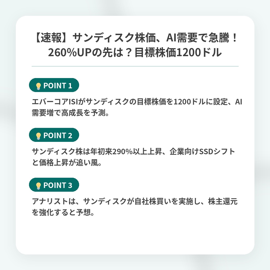 【速報】サンディスク株価、AI需要で急騰！260%UPの先は？目標株価1200ドルの注目ポイントまとめ