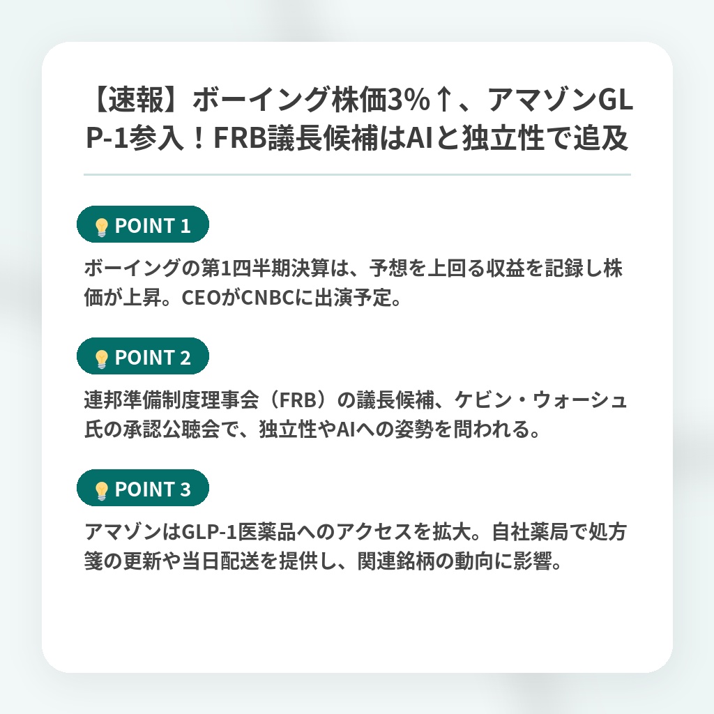 【速報】ボーイング株価3%↑、アマゾンGLP-1参入！FRB議長候補はAIと独立性で追及の注目ポイントまとめ