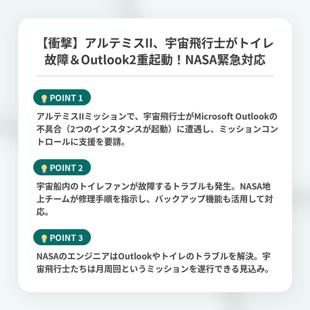 【衝撃】アルテミスII、宇宙飛行士がトイレ故障＆Outlook2重起動！NASA緊急対応の注目ポイントまとめ