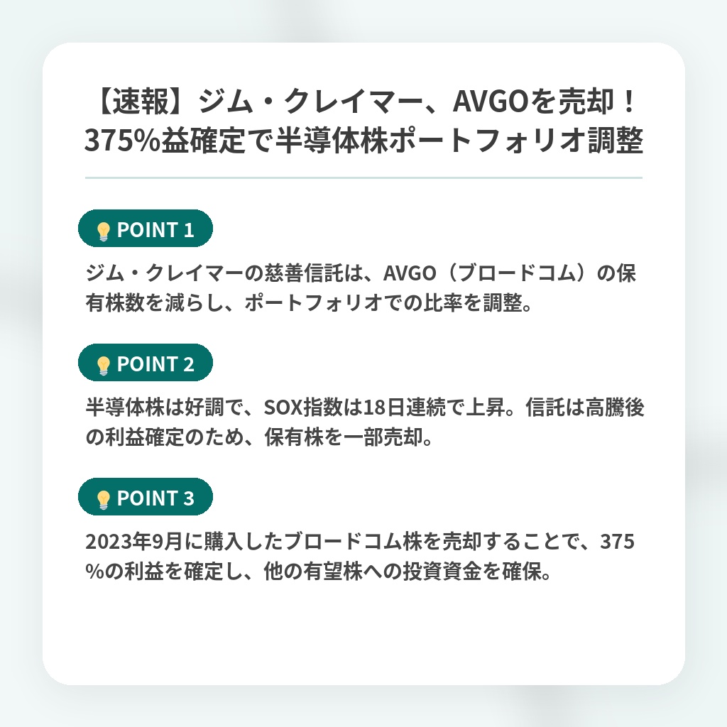 【速報】ジム・クレイマー、AVGOを売却！375%益確定で半導体株ポートフォリオ調整の注目ポイントまとめ