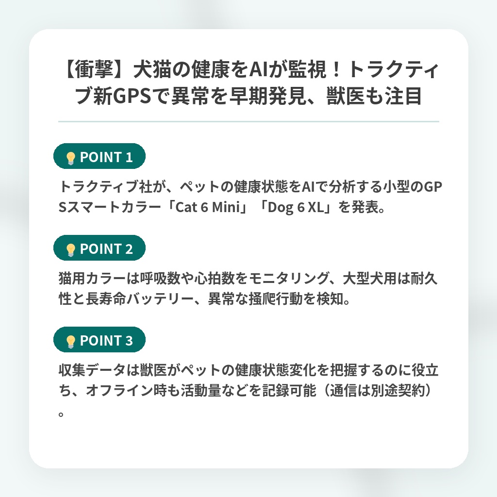 【衝撃】犬猫の健康をAIが監視！トラクティブ新GPSで異常を早期発見、獣医も注目の注目ポイントまとめ