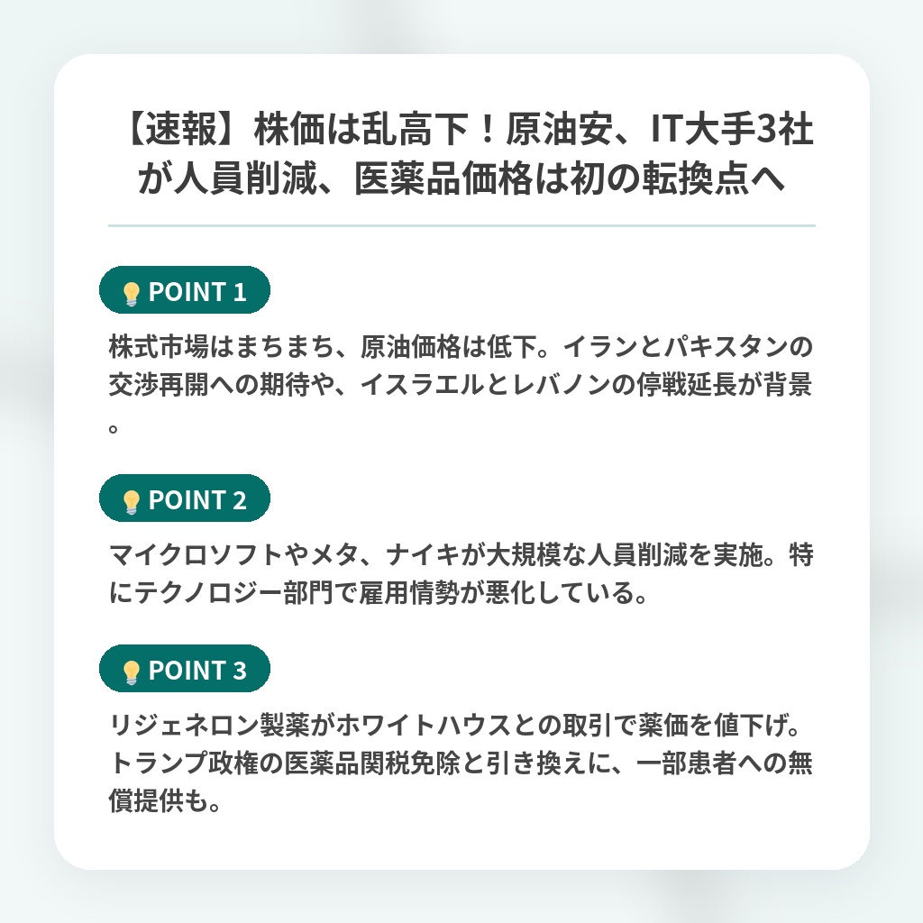 【速報】株価は乱高下！原油安、IT大手3社が人員削減、医薬品価格は初の転換点への注目ポイントまとめ