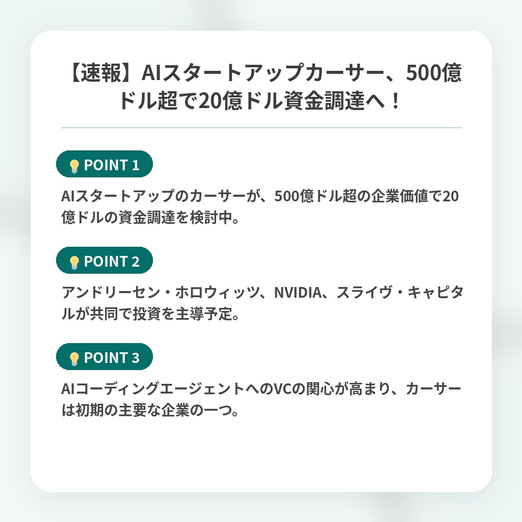 【速報】AIスタートアップカーサー、500億ドル超で20億ドル資金調達へ！の注目ポイントまとめ