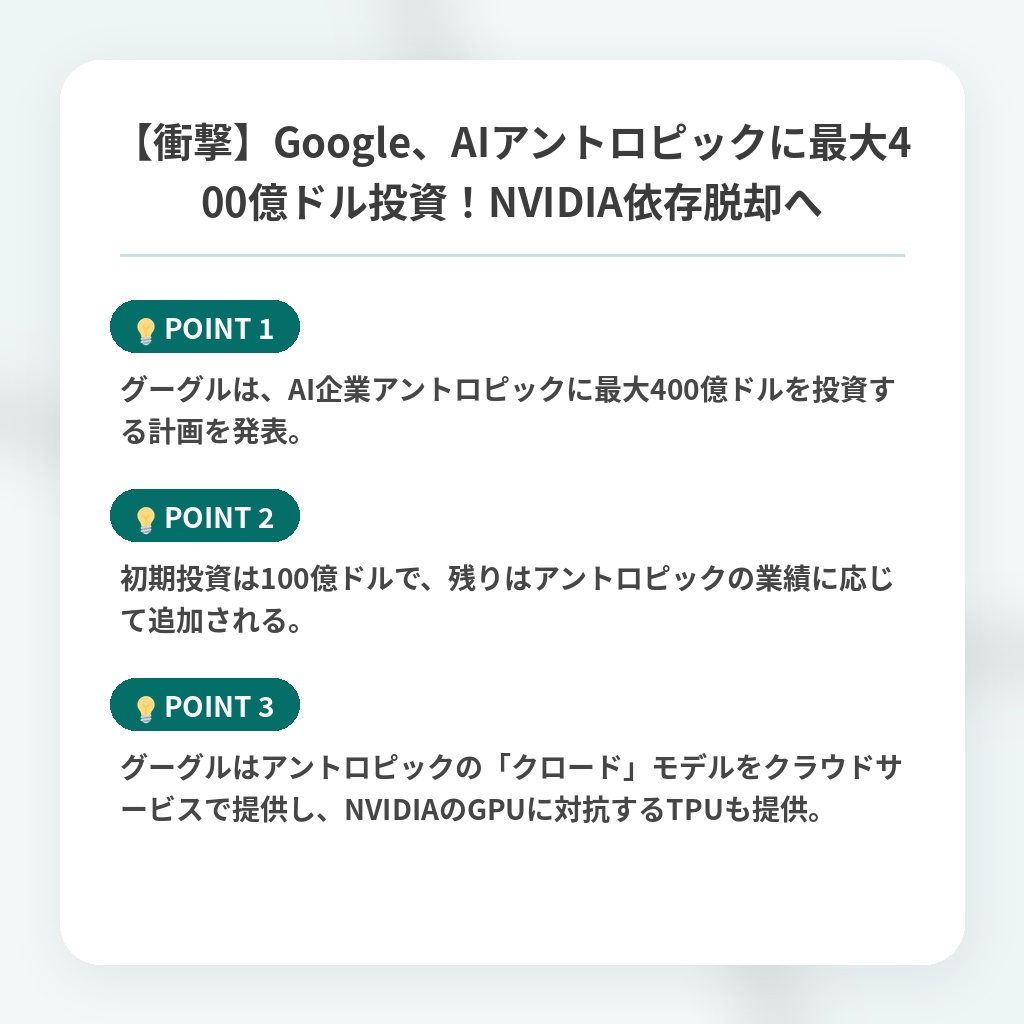 【衝撃】Google、AIアントロピックに最大400億ドル投資！NVIDIA依存脱却への注目ポイントまとめ