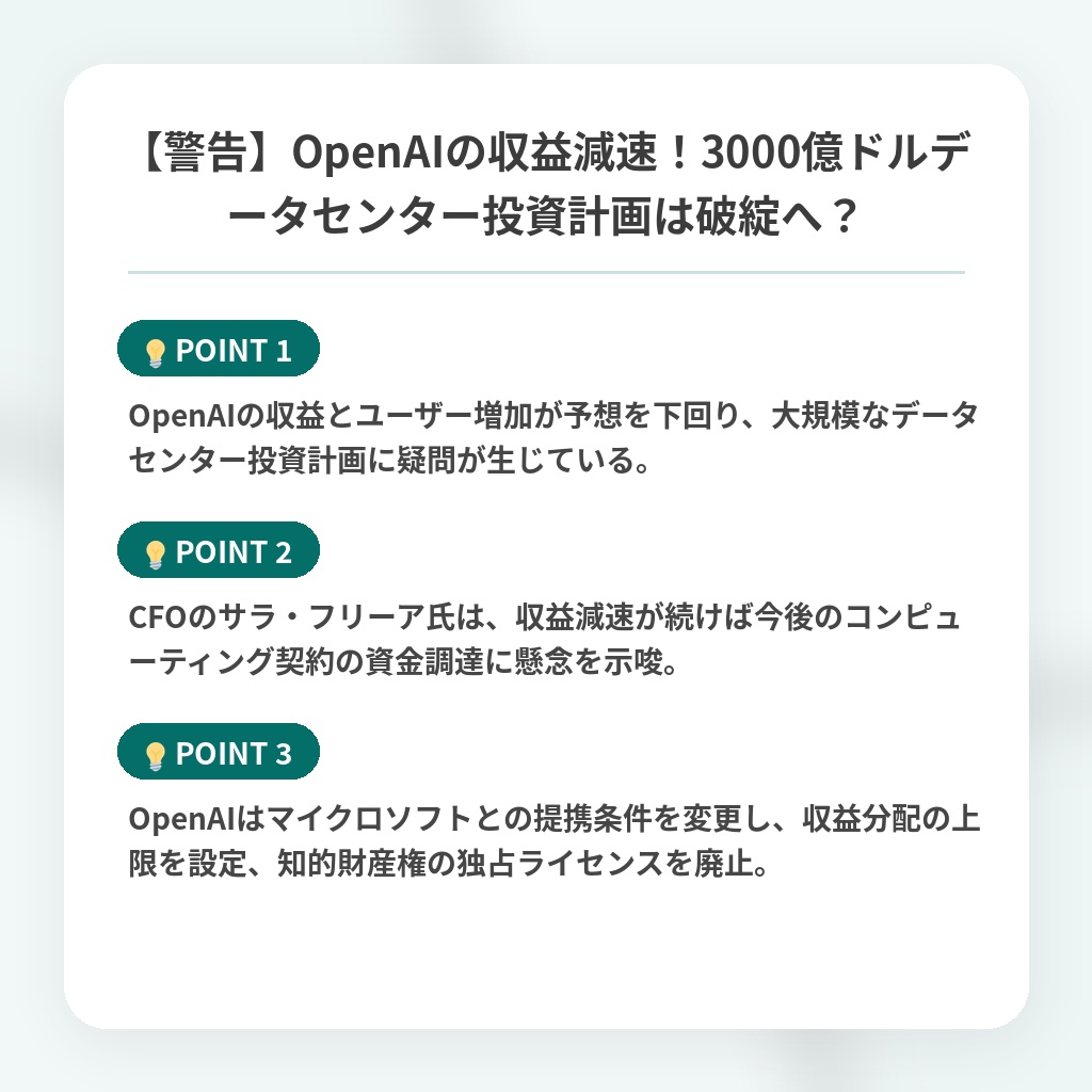 【警告】OpenAIの収益減速！3000億ドルデータセンター投資計画は破綻へ？の注目ポイントまとめ