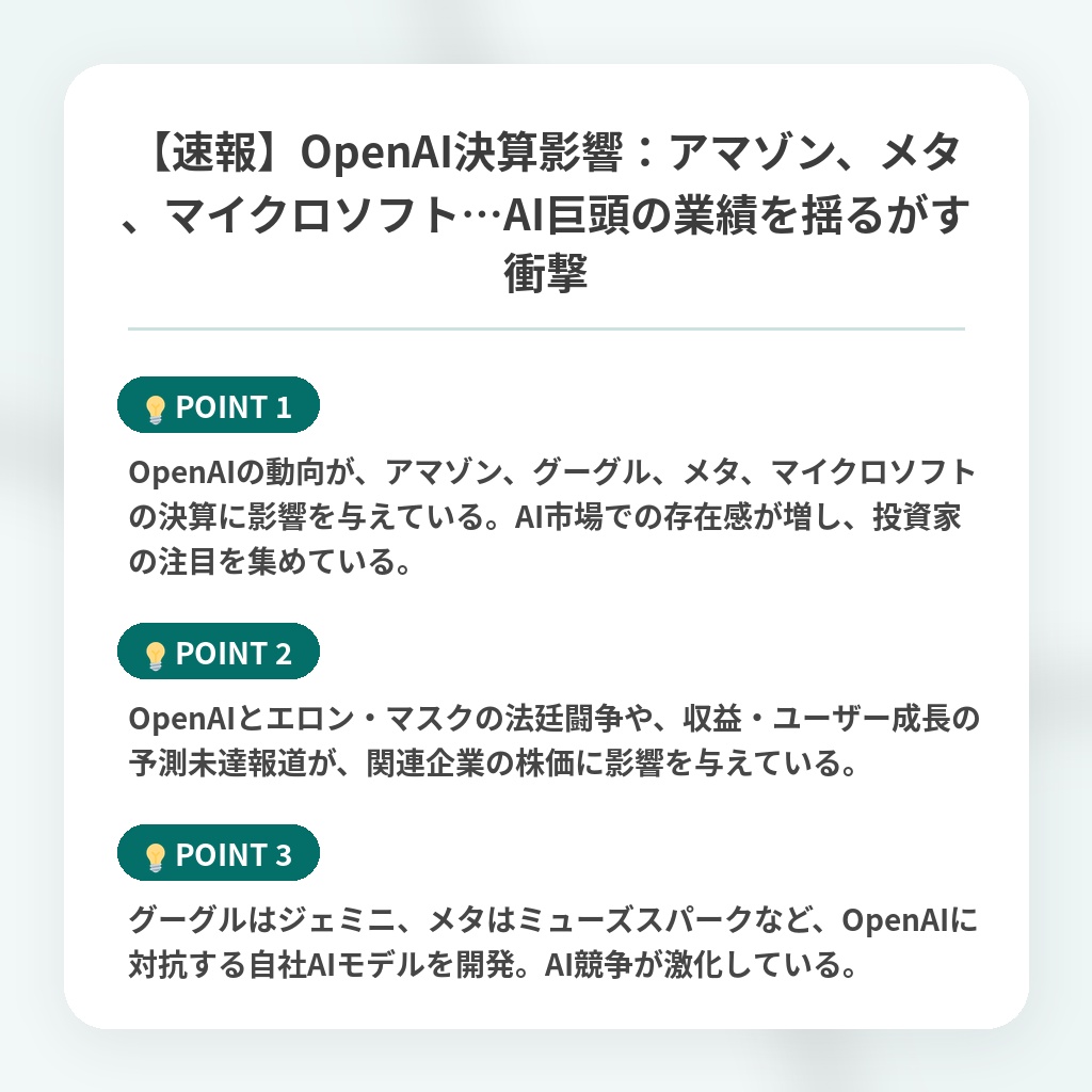 【速報】OpenAI決算影響：アマゾン、メタ、マイクロソフト…AI巨頭の業績を揺るがす衝撃の注目ポイントまとめ