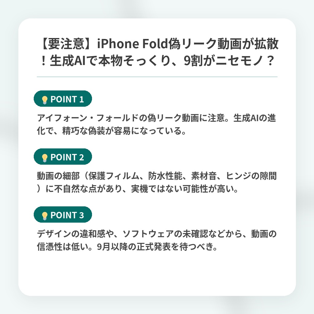 【要注意】iPhone Fold偽リーク動画が拡散！生成AIで本物そっくり、9割がニセモノ？の注目ポイントまとめ