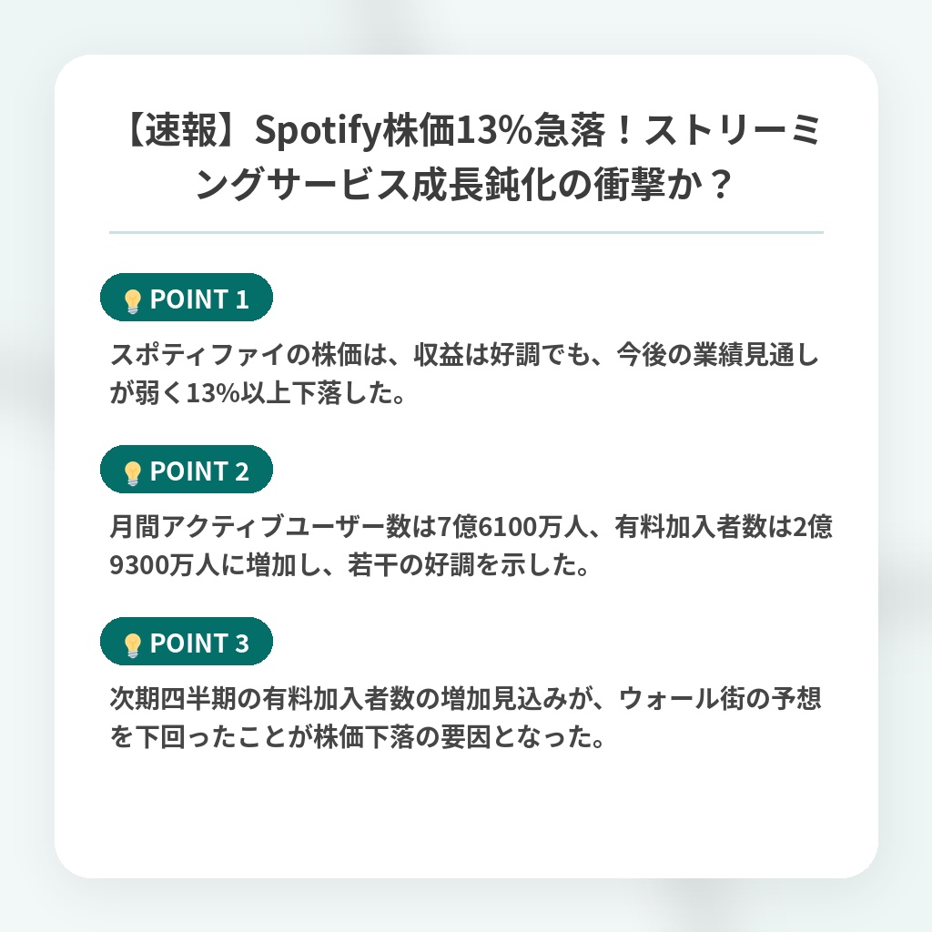 【速報】Spotify株価13%急落！ストリーミングサービス成長鈍化の衝撃か？の注目ポイントまとめ