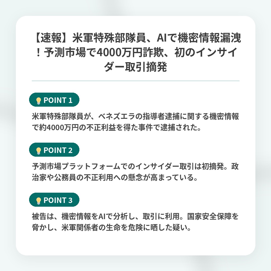 【速報】米軍特殊部隊員、AIで機密情報漏洩！予測市場で4000万円詐欺、初のインサイダー取引摘発の注目ポイントまとめ