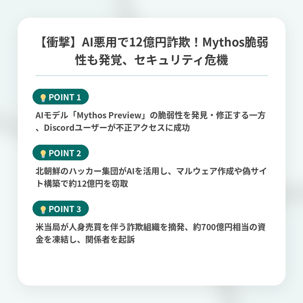 【衝撃】AI悪用で12億円詐欺！Mythos脆弱性も発覚、セキュリティ危機の注目ポイントまとめ