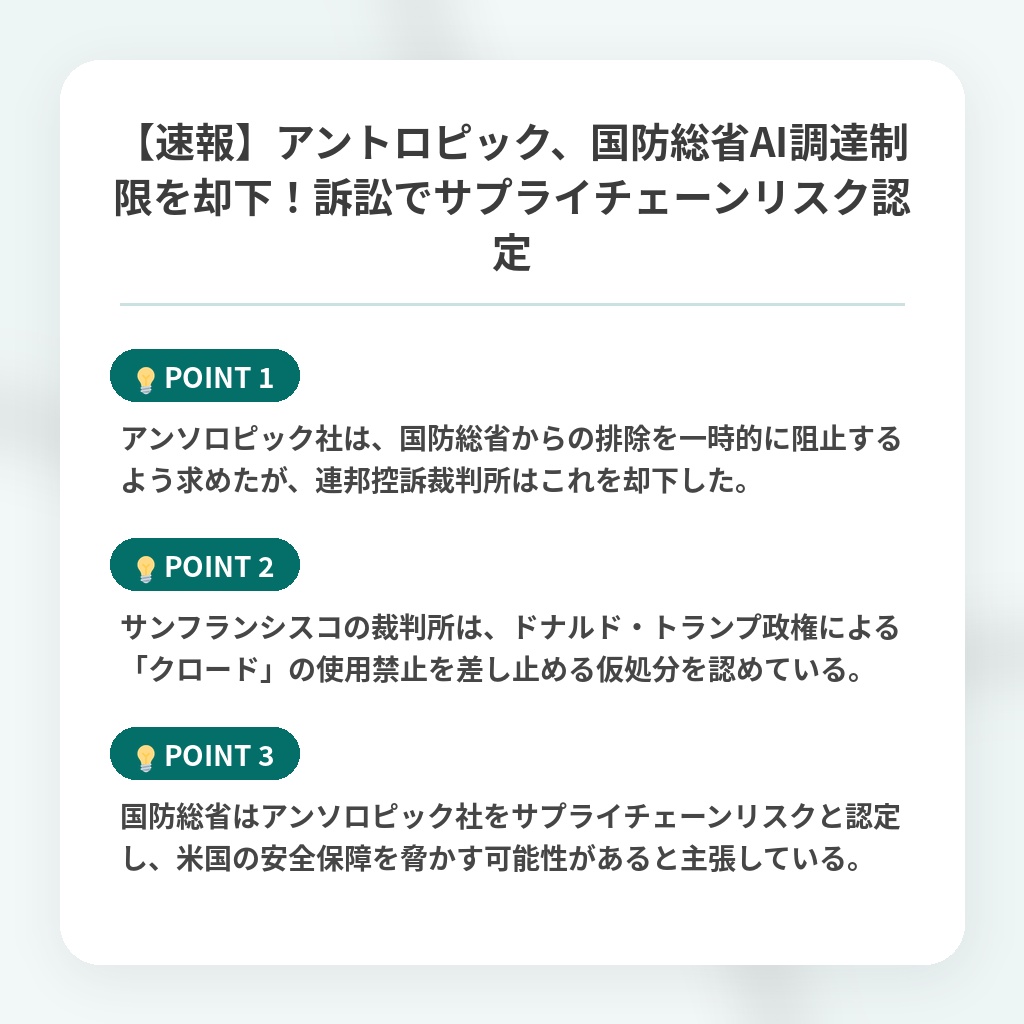 【速報】アントロピック、国防総省AI調達制限を却下！訴訟でサプライチェーンリスク認定の注目ポイントまとめ