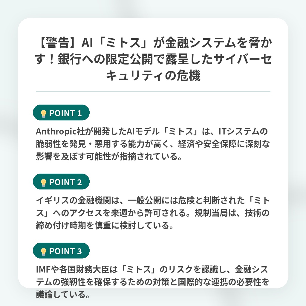 【警告】AI「ミトス」が金融システムを脅かす！銀行への限定公開で露呈したサイバーセキュリティの危機の注目ポイントまとめ