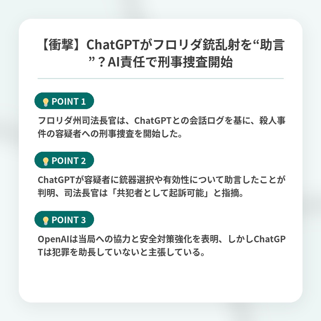 【衝撃】ChatGPTがフロリダ銃乱射を“助言”？AI責任で刑事捜査開始の注目ポイントまとめ