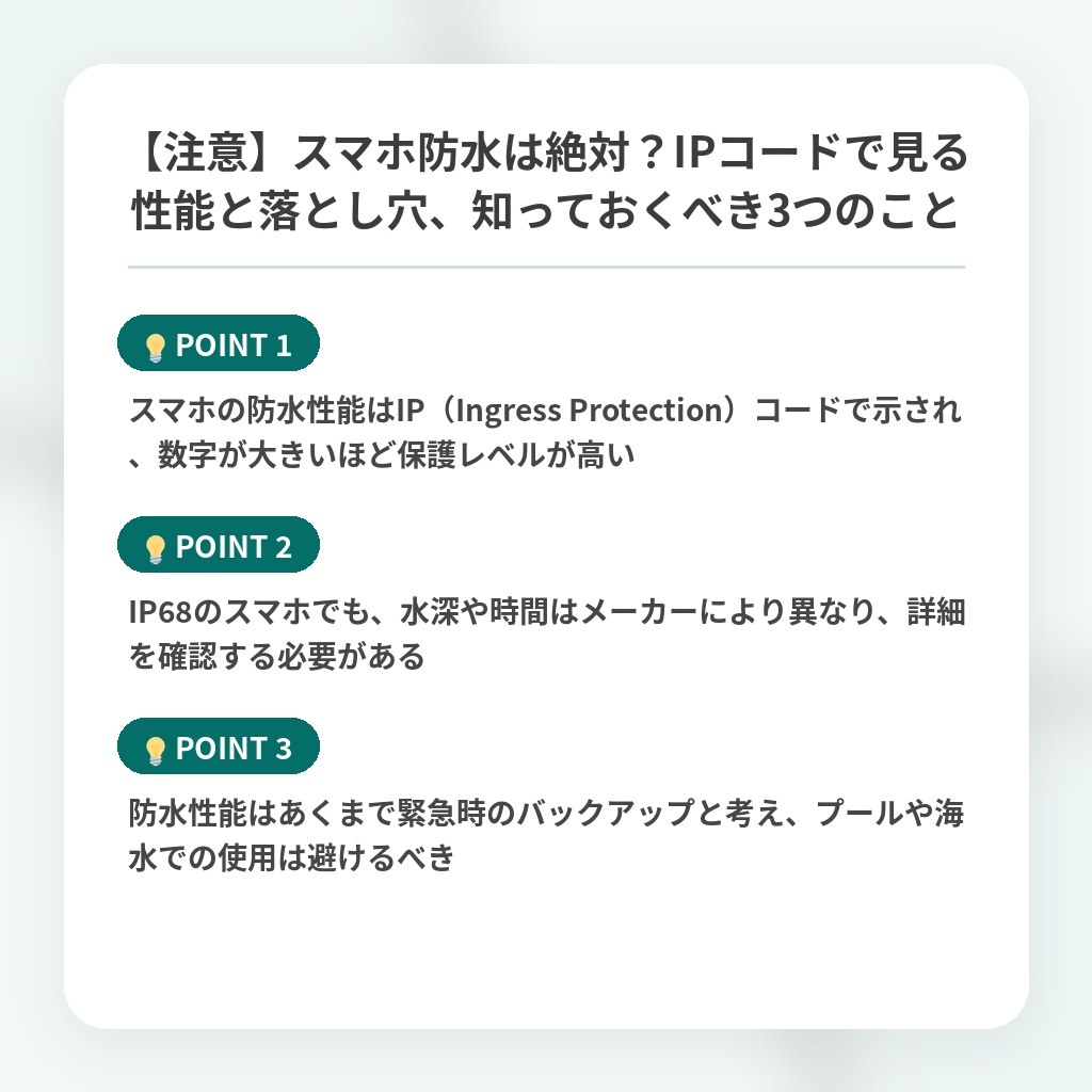 【注意】スマホ防水は絶対？IPコードで見る性能と落とし穴、知っておくべき3つのことの注目ポイントまとめ
