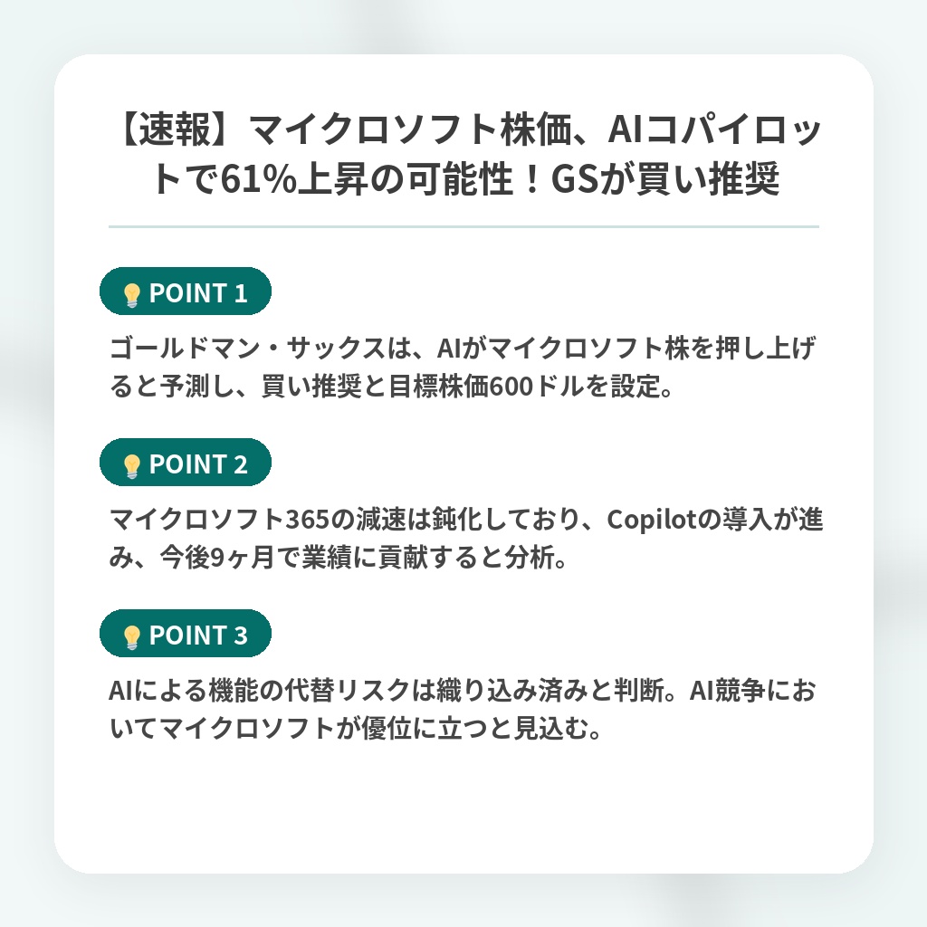 【速報】マイクロソフト株価、AIコパイロットで61%上昇の可能性！GSが買い推奨の注目ポイントまとめ