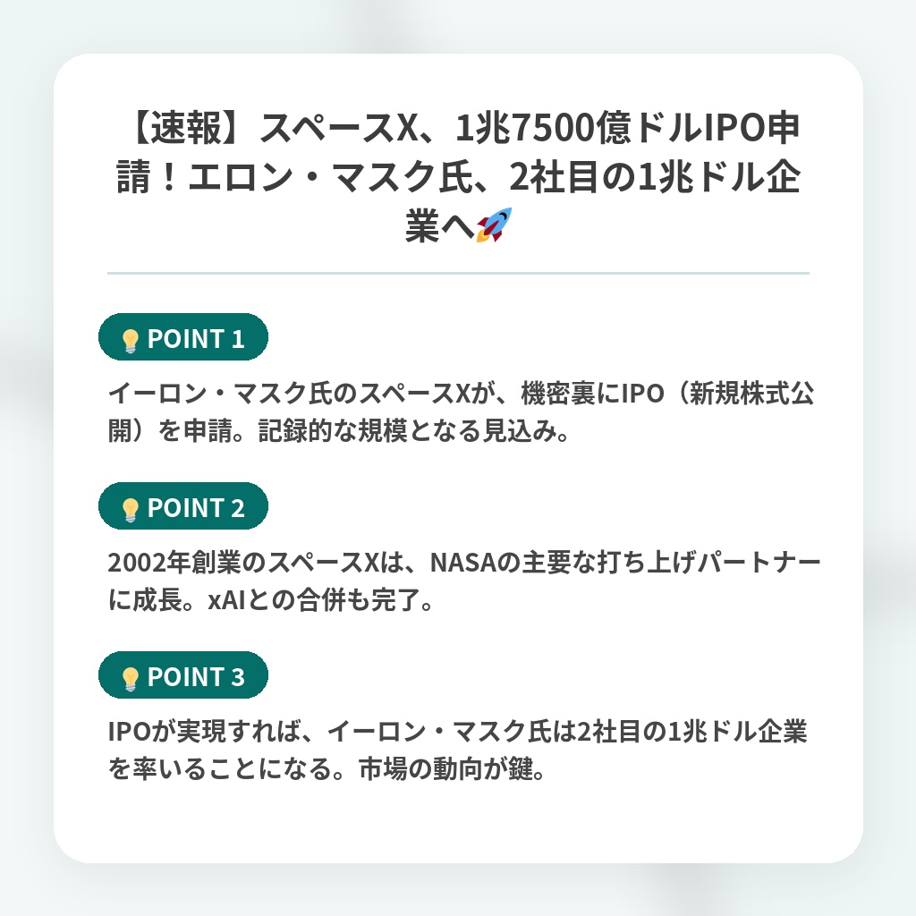 【速報】スペースX、1兆7500億ドルIPO申請！エロン・マスク氏、2社目の1兆ドル企業へ🚀の注目ポイントまとめ