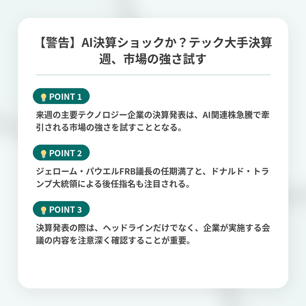 【警告】AI決算ショックか？テック大手決算週、市場の強さ試すの注目ポイントまとめ