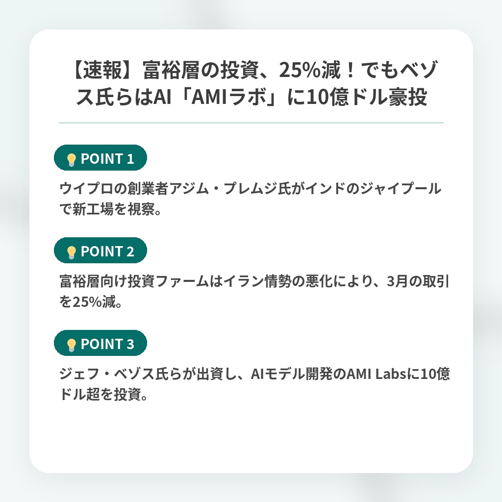 【速報】富裕層の投資、25%減！でもベゾス氏らはAI「AMIラボ」に10億ドル豪投の注目ポイントまとめ