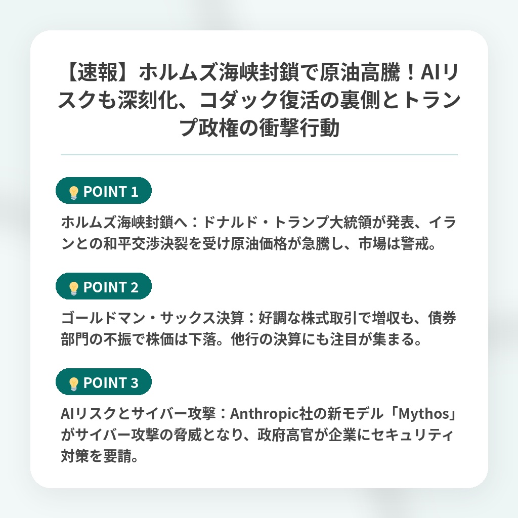 【速報】ホルムズ海峡封鎖で原油高騰！AIリスクも深刻化、コダック復活の裏側とトランプ政権の衝撃行動の注目ポイントまとめ