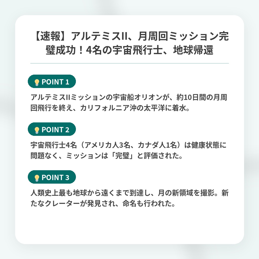 【速報】アルテミスII、月周回ミッション完璧成功!4名の宇宙飛行士、地球帰還の注目ポイントまとめ