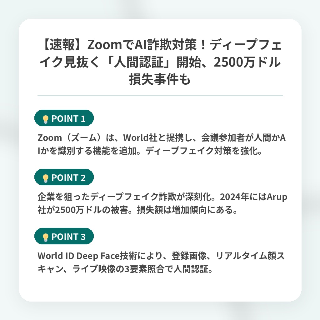 【速報】ZoomでAI詐欺対策！ディープフェイク見抜く「人間認証」開始、2500万ドル損失事件もの注目ポイントまとめ
