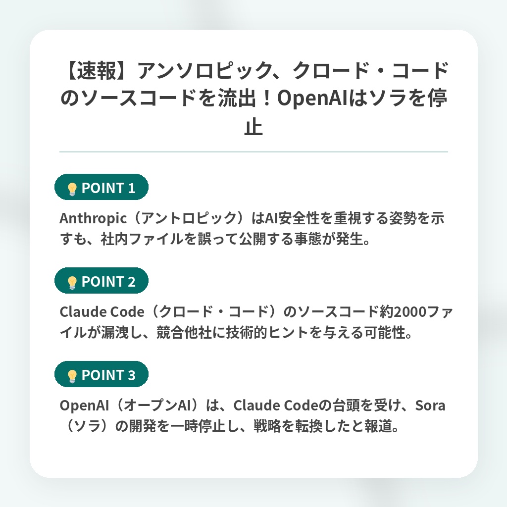 【速報】アンソロピック、クロード・コードのソースコードを流出!OpenAIはソラを停止の注目ポイントまとめ