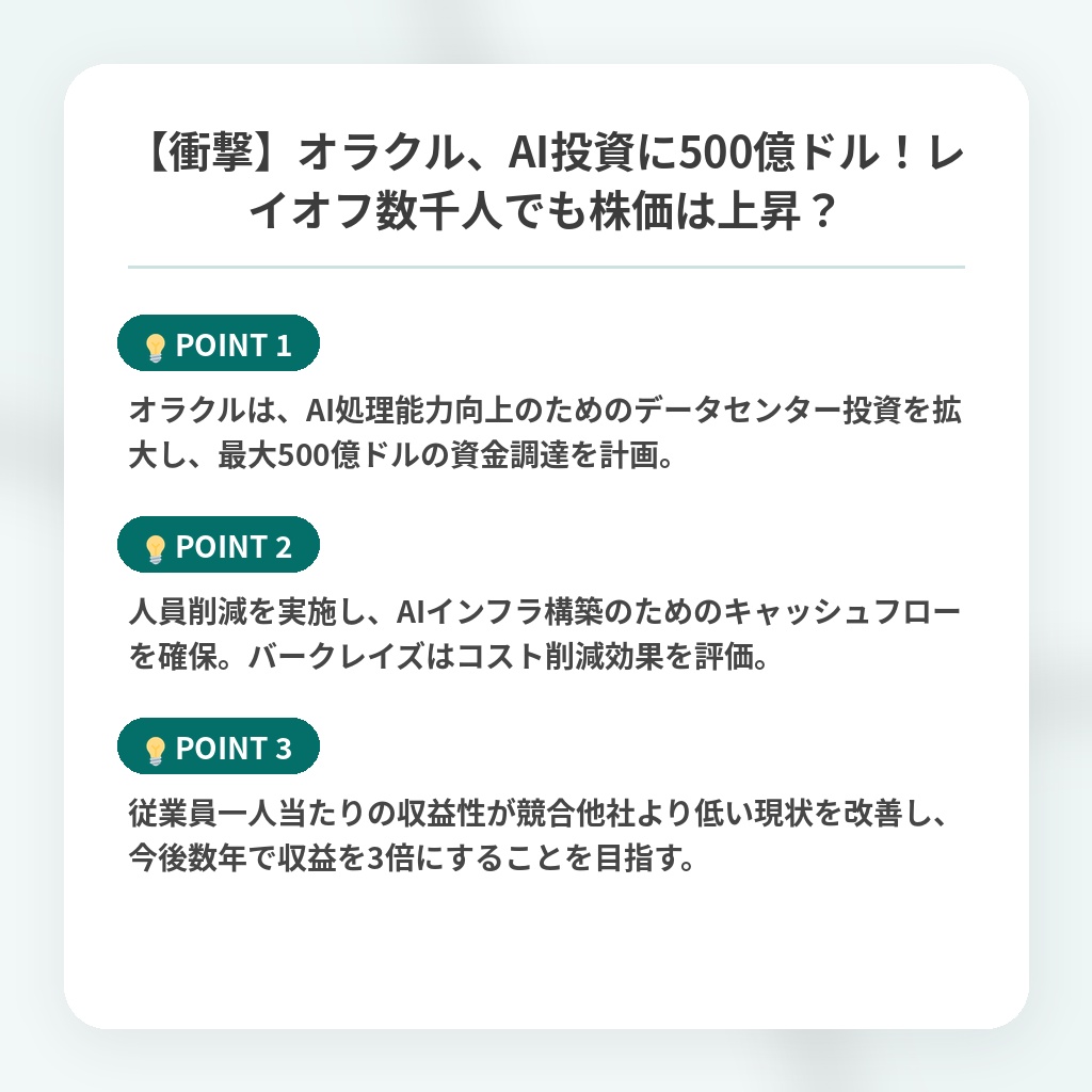 【衝撃】オラクル、AI投資に500億ドル！レイオフ数千人でも株価は上昇？の注目ポイントまとめ