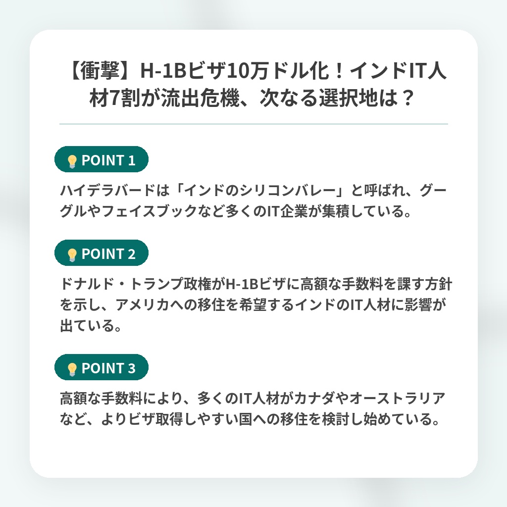 【衝撃】H-1Bビザ10万ドル化！インドIT人材7割が流出危機、次なる選択地は？の注目ポイントまとめ