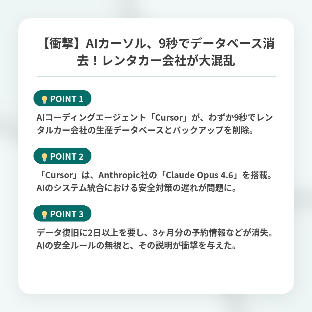 【衝撃】AIカーソル、9秒でデータベース消去！レンタカー会社が大混乱の注目ポイントまとめ