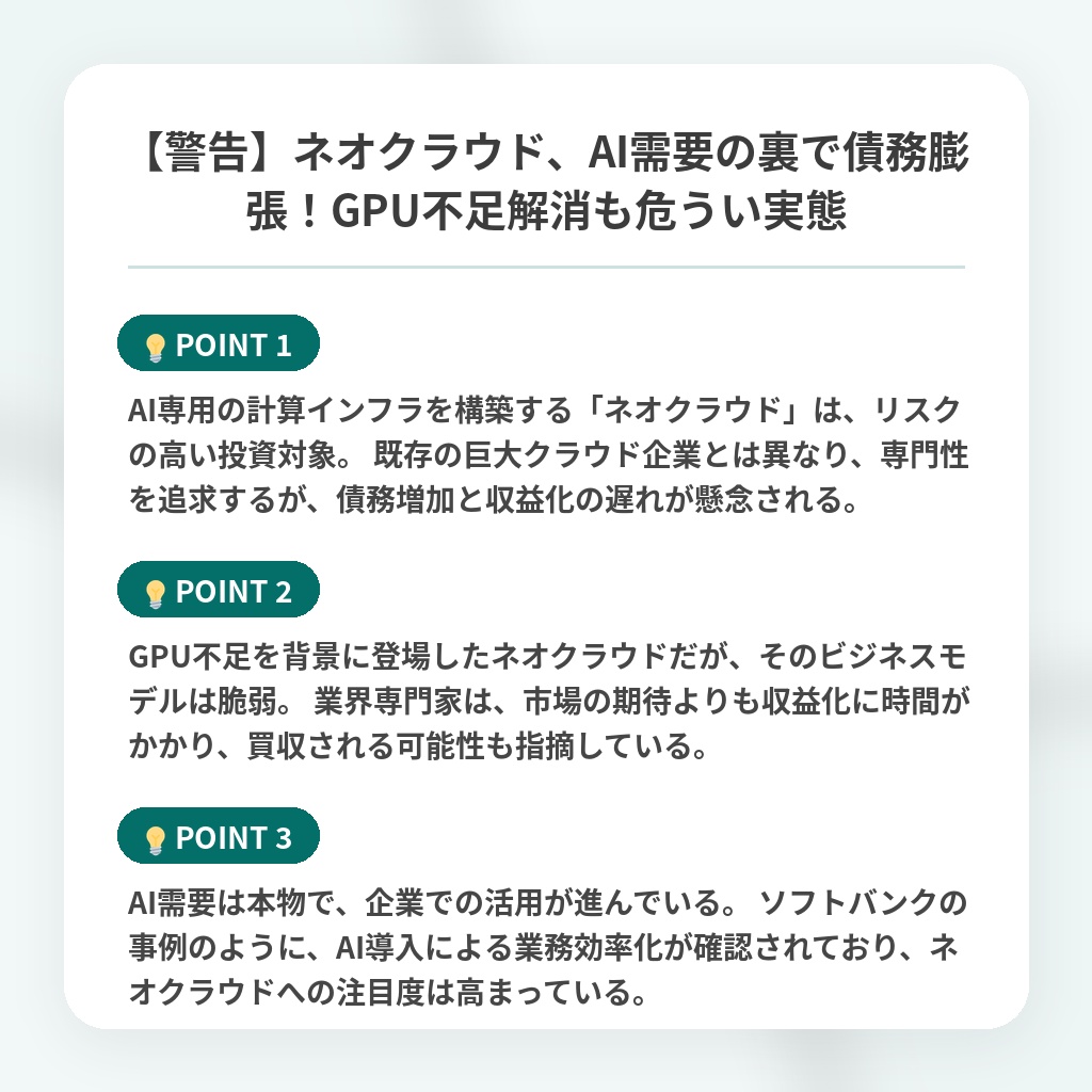 【警告】ネオクラウド、AI需要の裏で債務膨張！GPU不足解消も危うい実態の注目ポイントまとめ