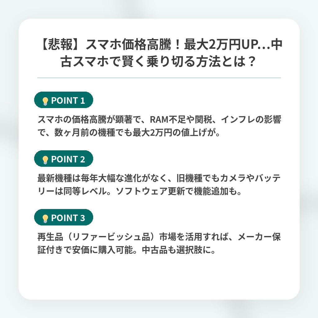 【悲報】スマホ価格高騰！最大2万円UP…中古スマホで賢く乗り切る方法とは？の注目ポイントまとめ