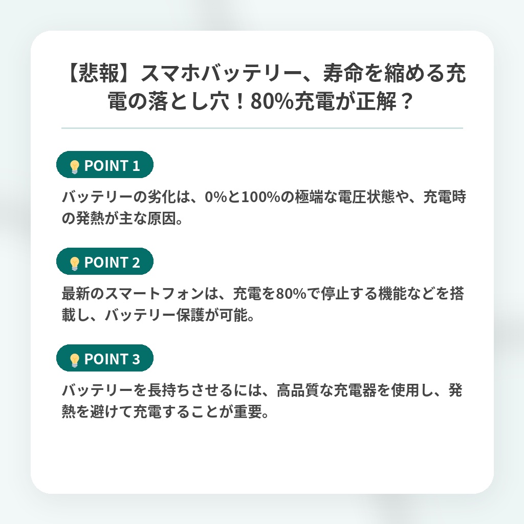 【悲報】スマホバッテリー、寿命を縮める充電の落とし穴！80%充電が正解？の注目ポイントまとめ