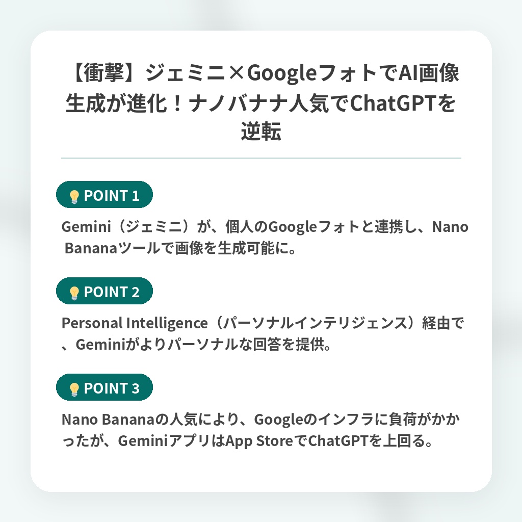 【衝撃】ジェミニ×GoogleフォトでAI画像生成が進化！ナノバナナ人気でChatGPTを逆転の注目ポイントまとめ