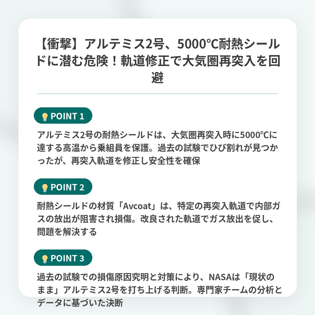 【衝撃】アルテミス2号、5000℃耐熱シールドに潜む危険!軌道修正で大気圏再突入を回避の注目ポイントまとめ
