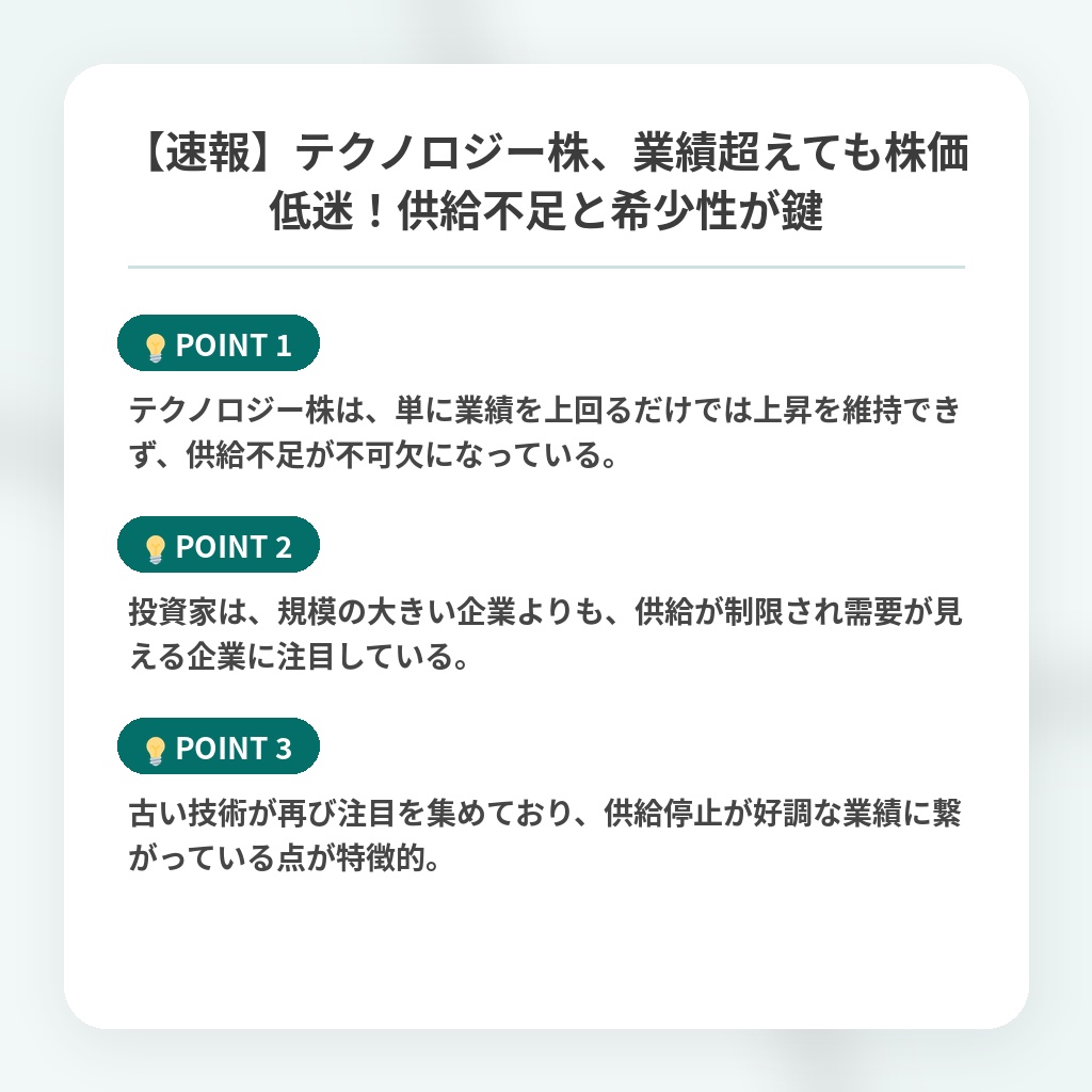【速報】テクノロジー株、業績超えても株価低迷！供給不足と希少性が鍵の注目ポイントまとめ