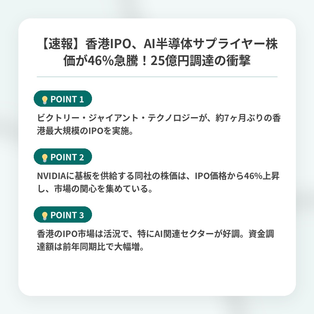 【速報】香港IPO、AI半導体サプライヤー株価が46%急騰！25億円調達の衝撃の注目ポイントまとめ