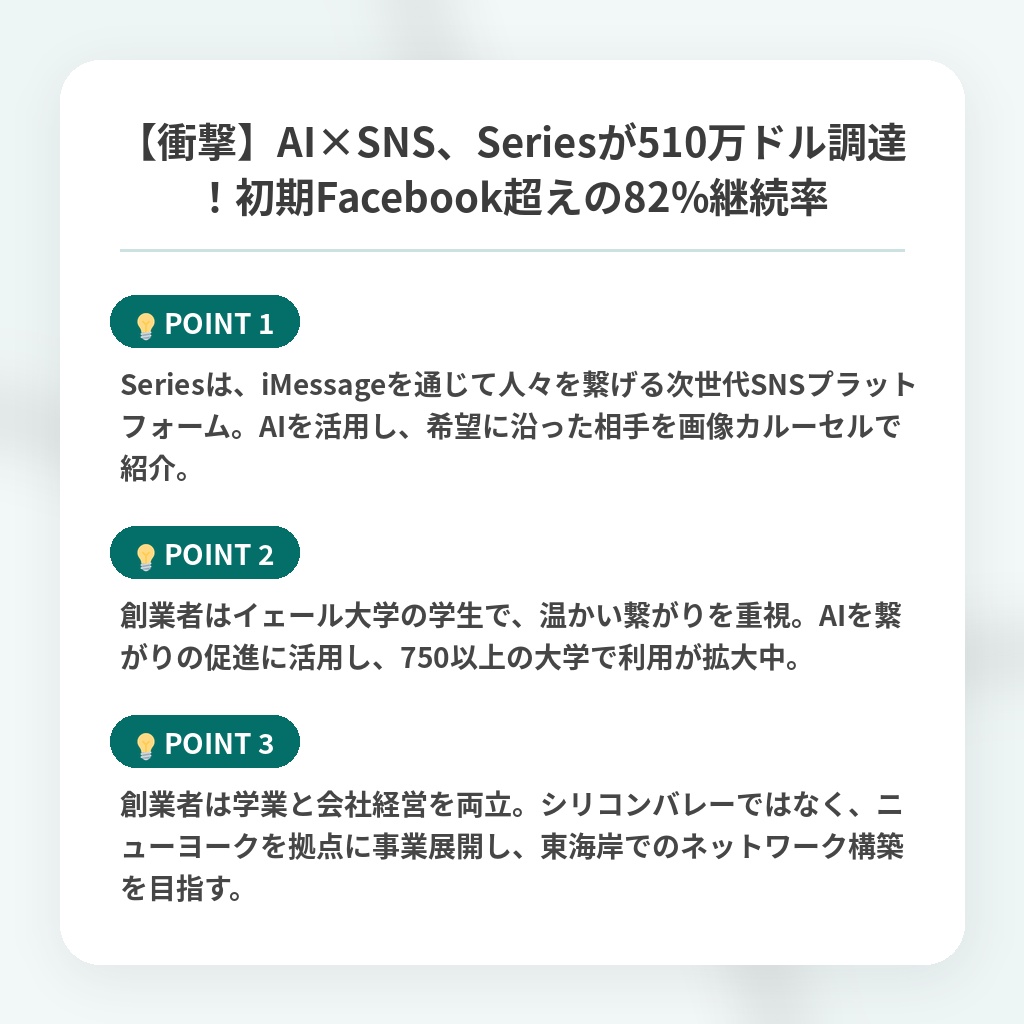 【衝撃】AI×SNS、Seriesが510万ドル調達！初期Facebook超えの82%継続率の注目ポイントまとめ