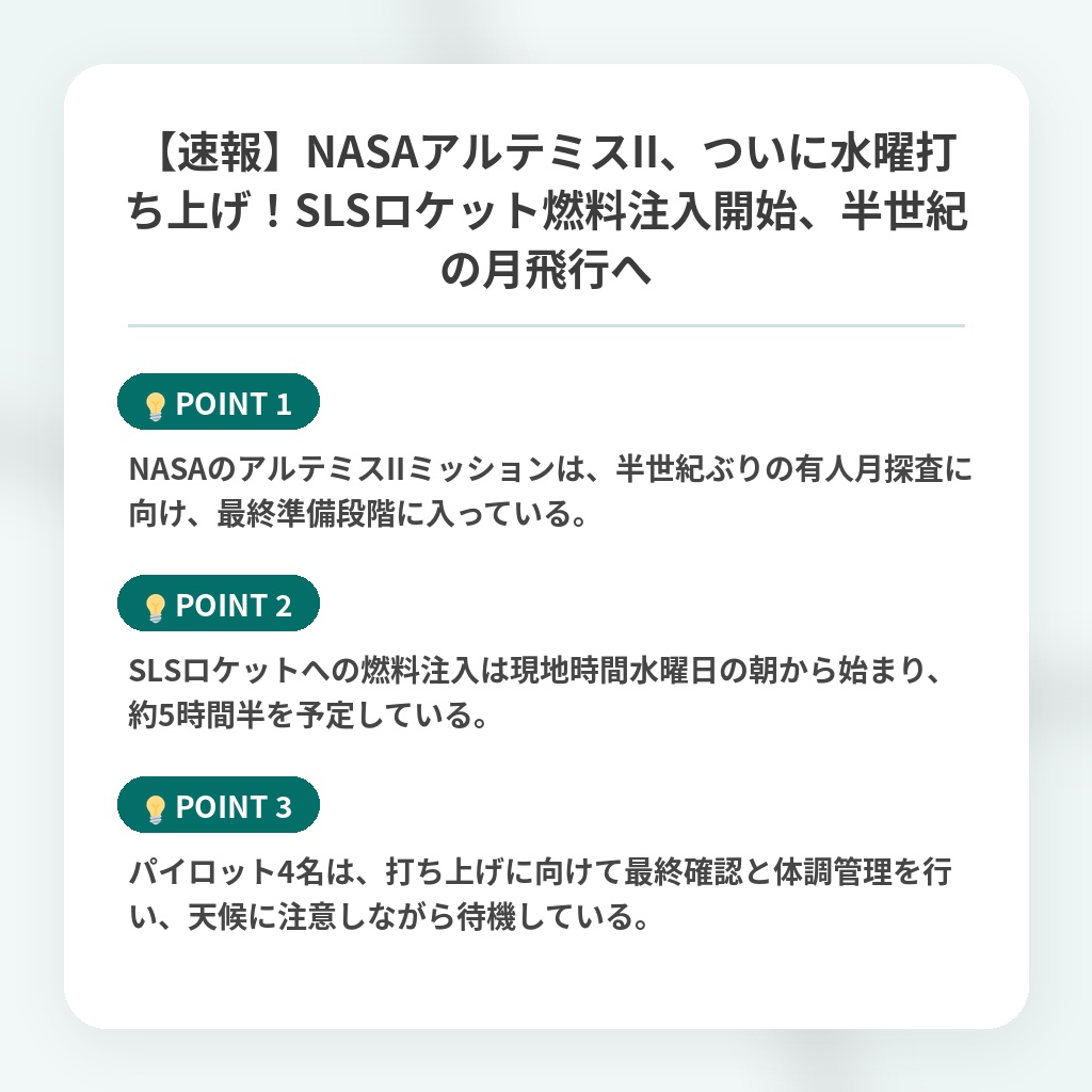 【速報】NASAアルテミスII、ついに水曜打ち上げ!SLSロケット燃料注入開始、半世紀の月飛行への注目ポイントまとめ